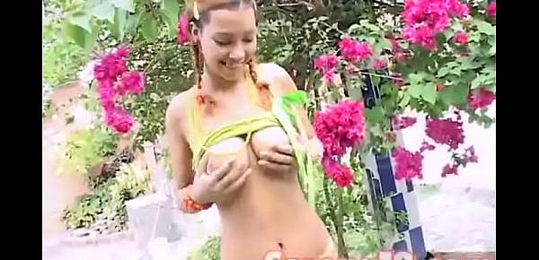  Serena 18 is outdoors with her boobs exposed